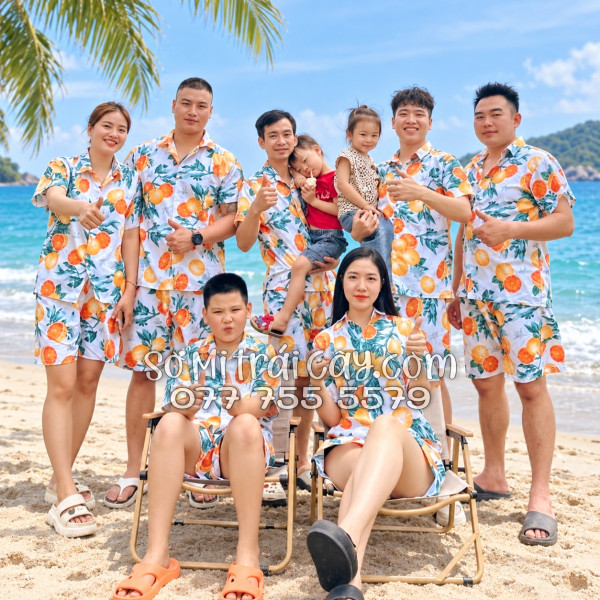 Bộ Áo Sơ Mi Quần Short Trái Cây Họa Tiết Cam Vàng Nền Trắng Tropical