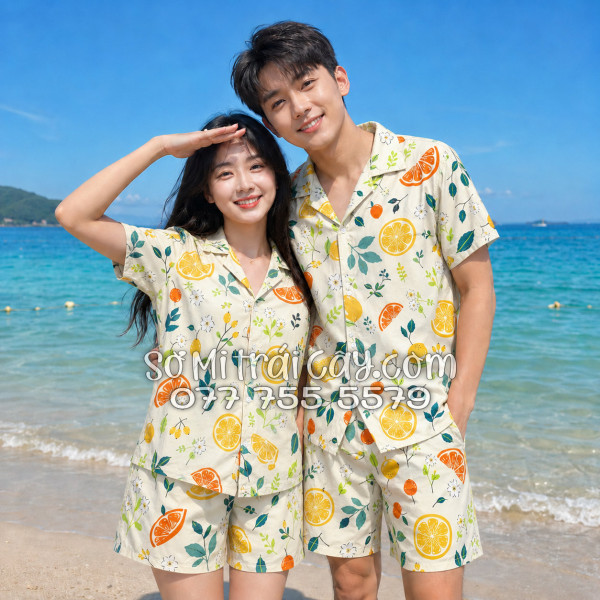 Bộ Áo Sơ Mi Quần Short Trái Cây Họa Tiết Trái Cam Vàng Nhạt