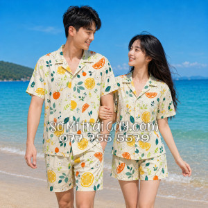 Bộ Áo Sơ Mi Quần Short Trái Cây Họa Tiết Trái Cam Vàng Nhạt
