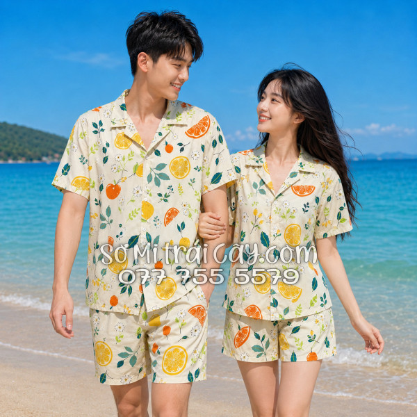 Bộ Áo Sơ Mi Quần Short Trái Cây Họa Tiết Trái Cam Vàng Nhạt
