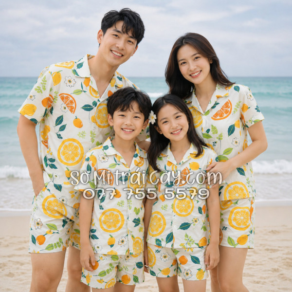 Bộ Áo Sơ Mi Quần Short Trái Cây Họa Tiết Trái Cam Vàng Nhạt