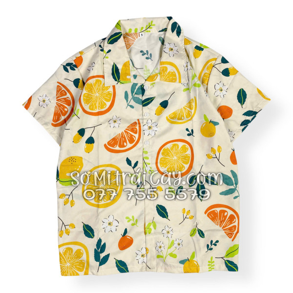 Bộ Áo Sơ Mi Quần Short Trái Cây Họa Tiết Trái Cam Vàng Nhạt