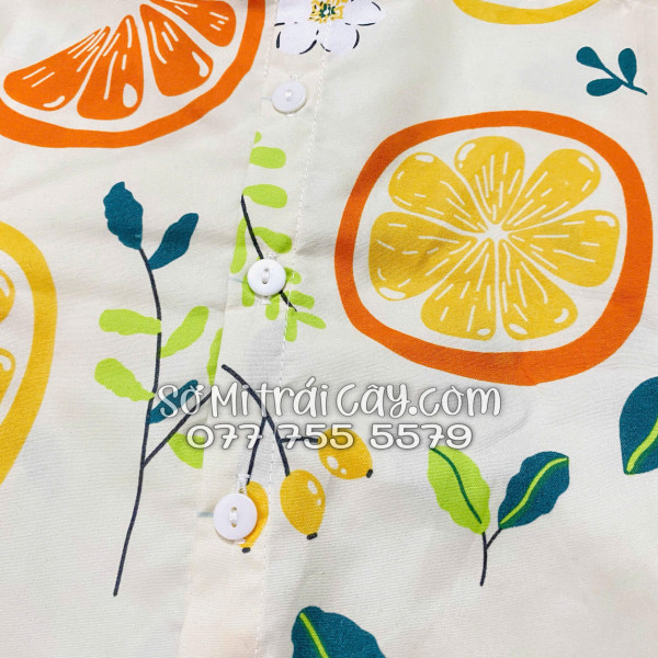 Bộ Áo Sơ Mi Quần Short Trái Cây Họa Tiết Trái Cam Vàng Nhạt