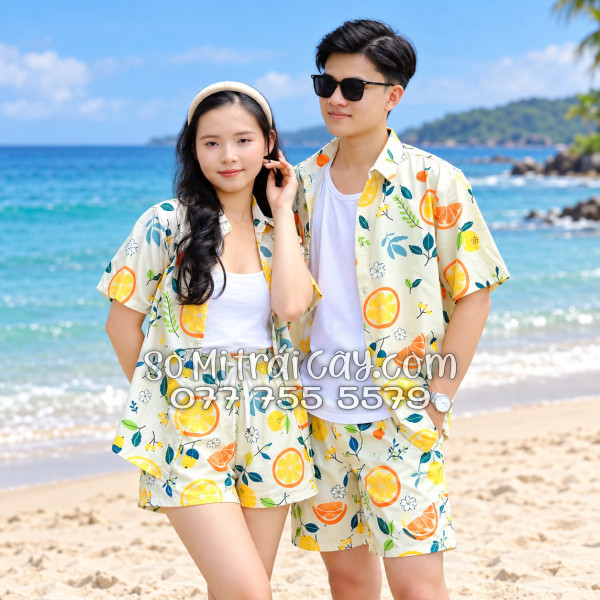 Bộ Áo Sơ Mi Quần Short Trái Cây Họa Tiết Trái Cam Vàng Nhạt