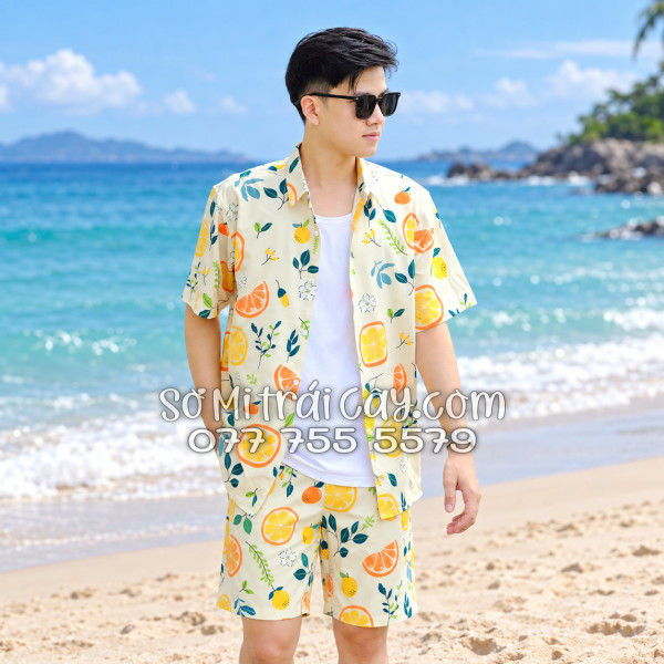 Bộ Áo Sơ Mi Quần Short Trái Cây Họa Tiết Trái Cam Vàng Nhạt