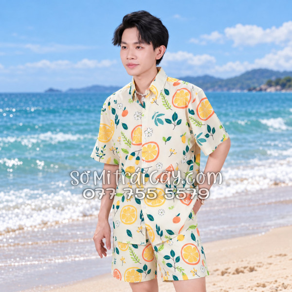 Bộ Áo Sơ Mi Quần Short Trái Cây Họa Tiết Trái Cam Vàng Nhạt