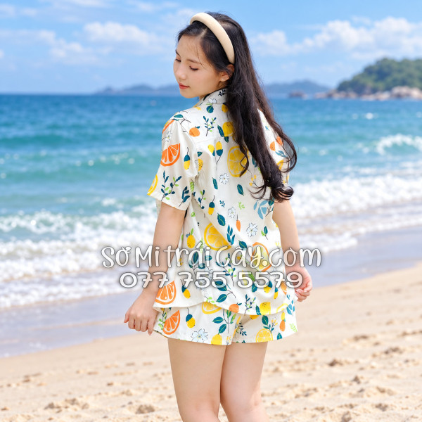 Bộ Áo Sơ Mi Quần Short Trái Cây Họa Tiết Trái Cam Vàng Nhạt