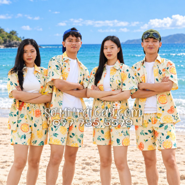 Bộ Áo Sơ Mi Quần Short Trái Cây Họa Tiết Trái Cam Vàng Nhạt