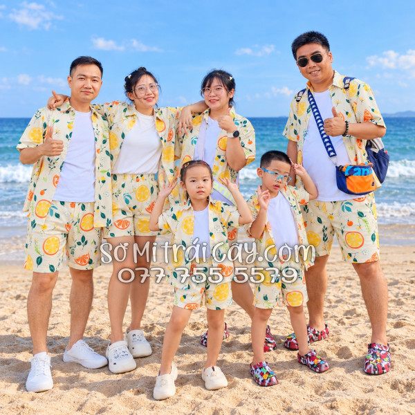 Bộ Áo Sơ Mi Quần Short Trái Cây Họa Tiết Trái Cam Vàng Nhạt
