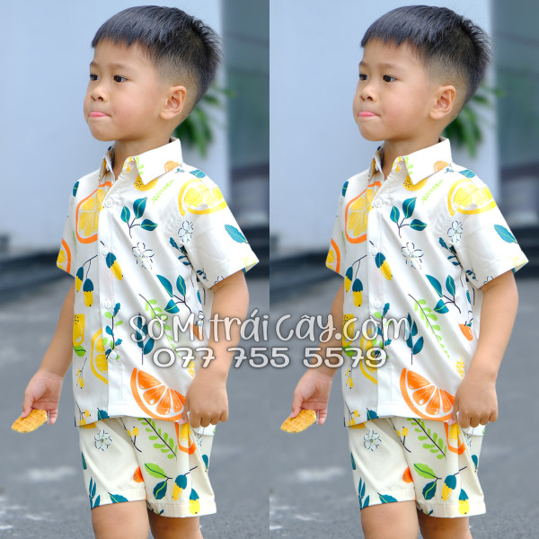 Bộ Áo Sơ Mi Quần Short Trái Cây Họa Tiết Trái Cam Vàng Nhạt