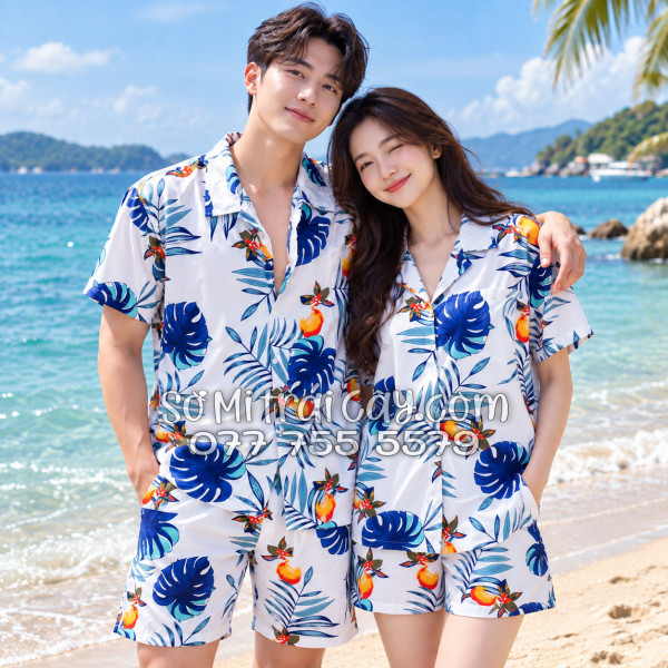 Bộ Áo Sơ Mi Quần Short Trái Cây Họa Tiết Trái Đào Trắng Đậm