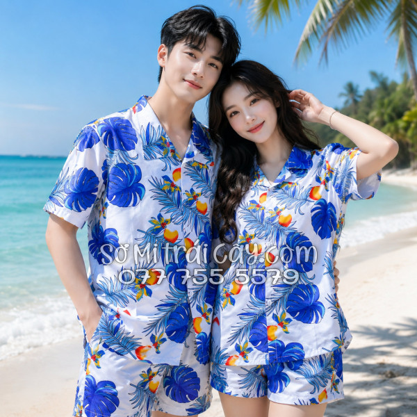 Bộ Áo Sơ Mi Quần Short Trái Cây Họa Tiết Trái Đào Trắng