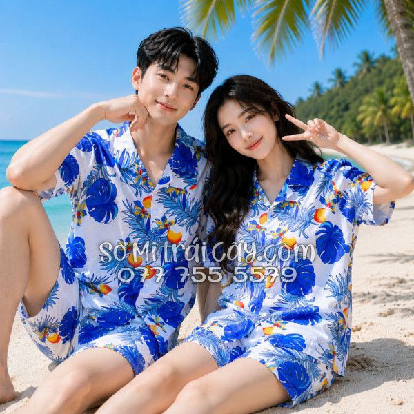 Bộ Áo Sơ Mi Quần Short Trái Cây Họa Tiết Trái Đào Trắng