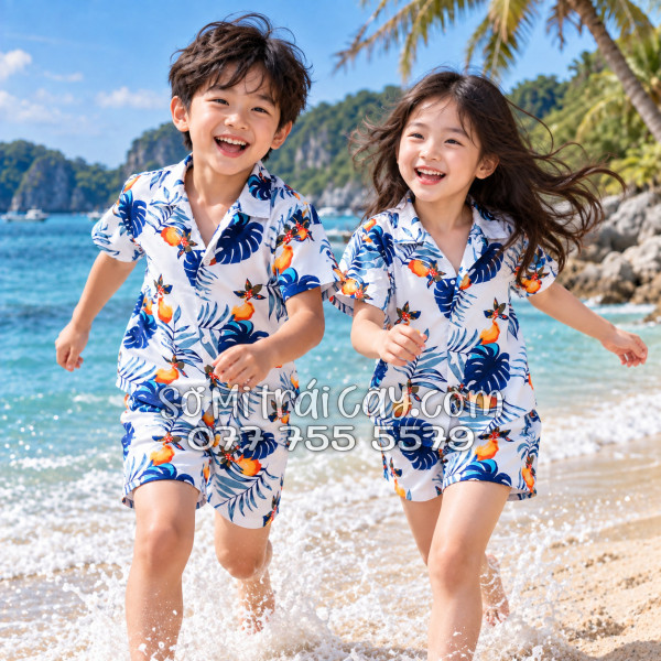 Bộ Áo Sơ Mi Quần Short Trái Cây Họa Tiết Trái Đào Trắng Đậm