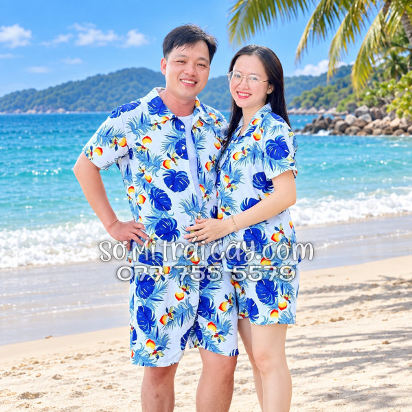 Bộ Áo Sơ Mi Quần Short Trái Cây Họa Tiết Trái Đào Trắng