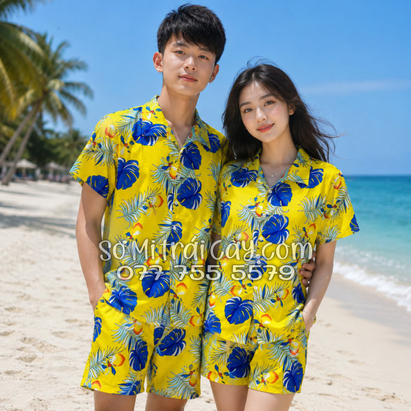 Bộ Áo Sơ Mi Quần Short Trái Cây Họa Tiết Trái Đào Vàng