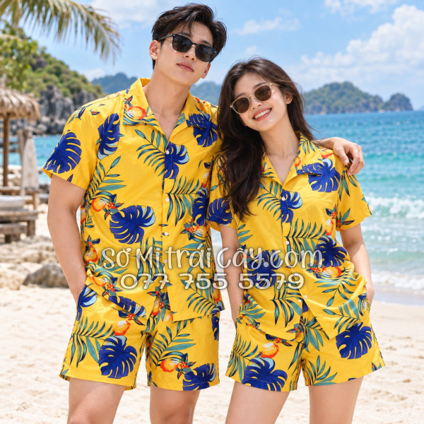 Bộ Áo Sơ Mi Quần Short Trái Cây Họa Tiết Trái Đào Vàng Đậm