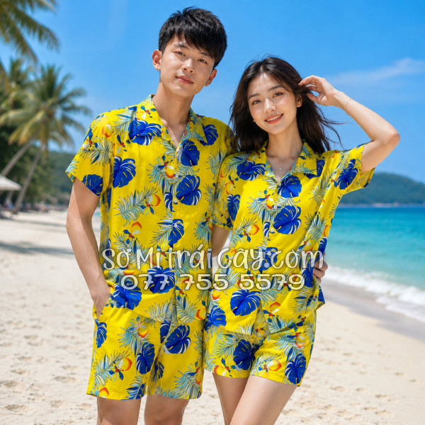 Bộ Áo Sơ Mi Quần Short Trái Cây Họa Tiết Trái Đào Vàng