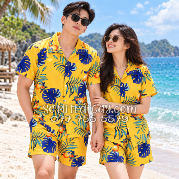 Bộ Áo Sơ Mi Quần Short Trái Cây Họa Tiết Trái Đào Vàng Đậm