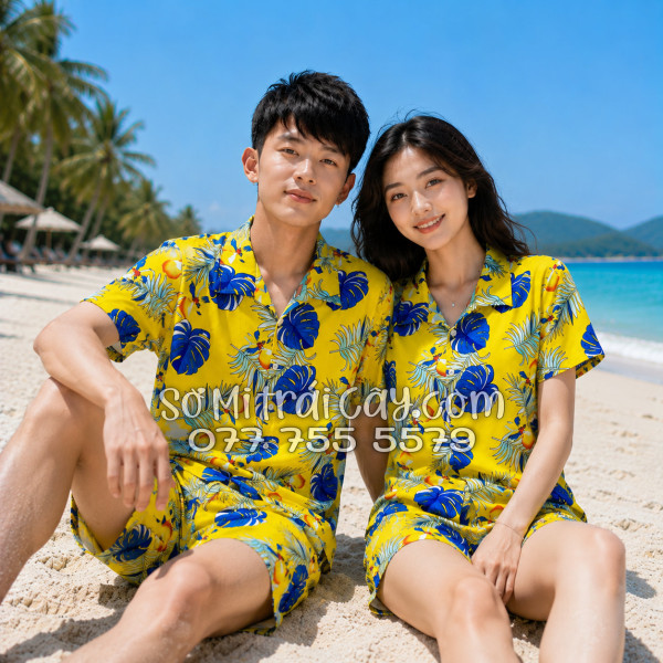 Bộ Áo Sơ Mi Quần Short Trái Cây Họa Tiết Trái Đào Vàng