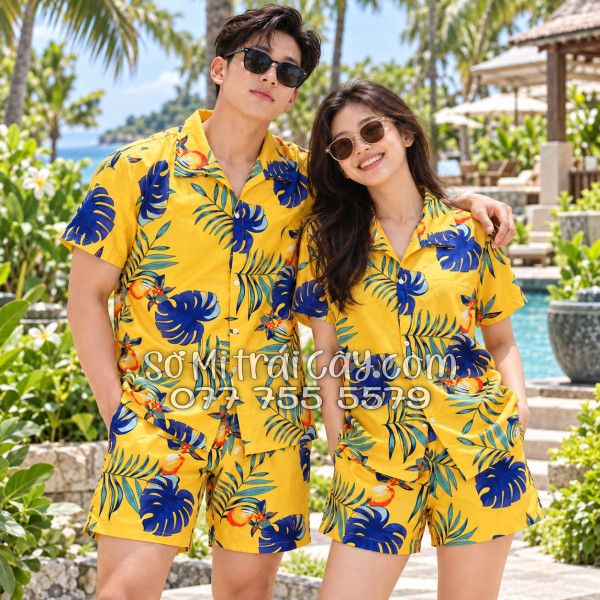 Bộ Áo Sơ Mi Quần Short Trái Cây Họa Tiết Trái Đào Vàng Đậm
