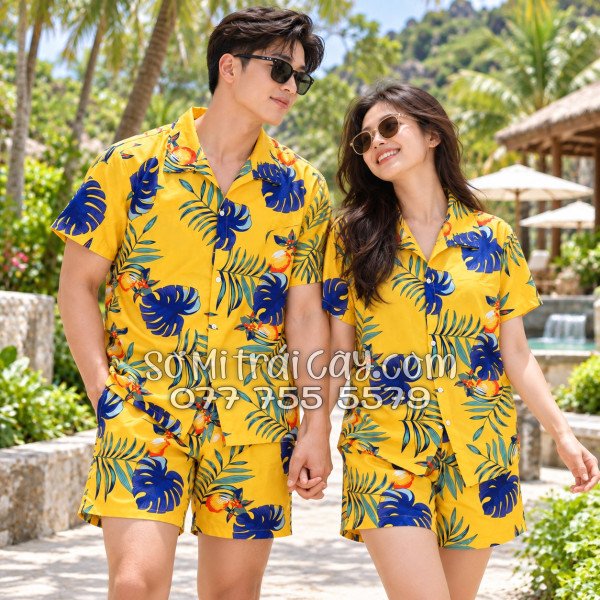 Bộ Áo Sơ Mi Quần Short Trái Cây Họa Tiết Trái Đào Vàng Đậm