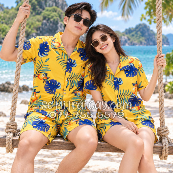 Bộ Áo Sơ Mi Quần Short Trái Cây Họa Tiết Trái Đào Vàng Đậm