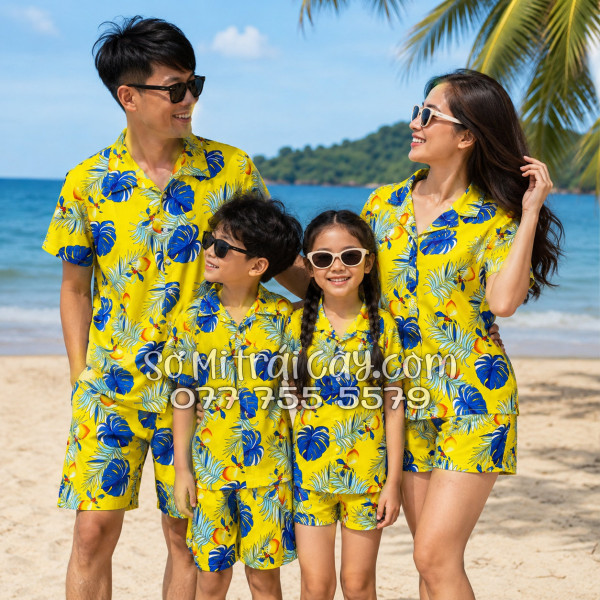 Bộ Áo Sơ Mi Quần Short Trái Cây Họa Tiết Trái Đào Vàng