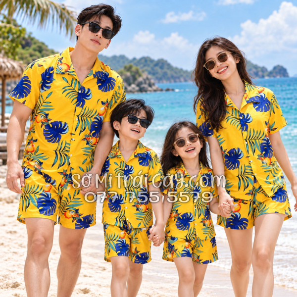Bộ Áo Sơ Mi Quần Short Trái Cây Họa Tiết Trái Đào Vàng Đậm