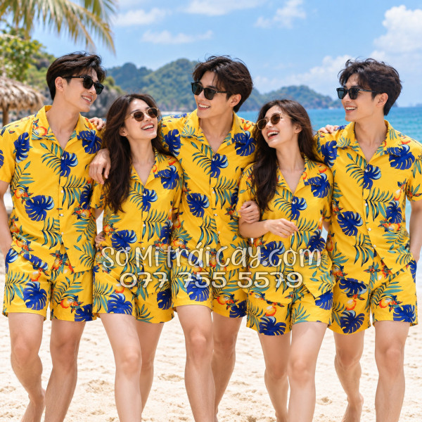 Bộ Áo Sơ Mi Quần Short Trái Cây Họa Tiết Trái Đào Vàng Đậm