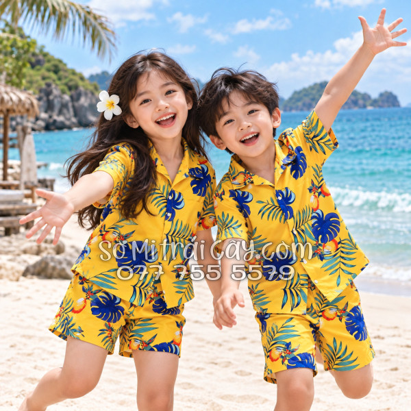 Bộ Áo Sơ Mi Quần Short Trái Cây Họa Tiết Trái Đào Vàng Đậm