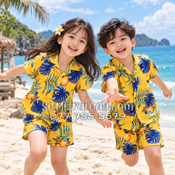Bộ Áo Sơ Mi Quần Short Trái Cây Họa Tiết Trái Đào Vàng Đậm