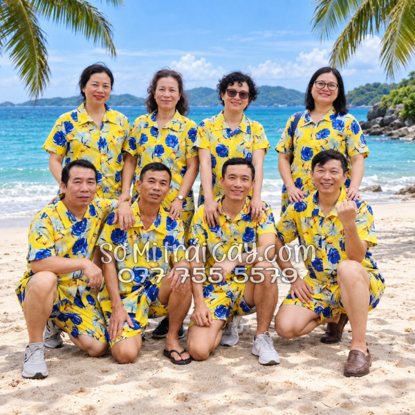 Bộ Áo Sơ Mi Quần Short Trái Cây Họa Tiết Trái Đào Vàng