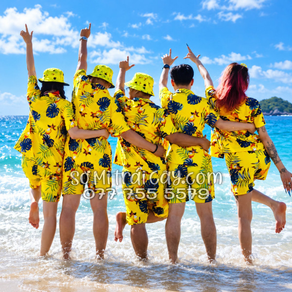 Bộ Áo Sơ Mi Quần Short Trái Cây Họa Tiết Trái Đào Vàng