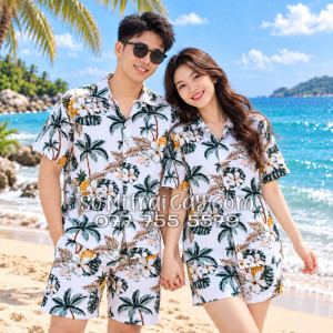 Bộ Áo Sơ Mi Quần Short Trái Cây Thơm Dứa Cây Dừa Hoa Sứ Trắng