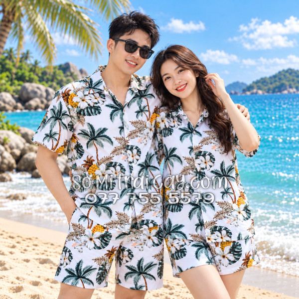 Bộ Áo Sơ Mi Quần Short Trái Cây Thơm Dứa Cây Dừa Hoa Sứ Trắng