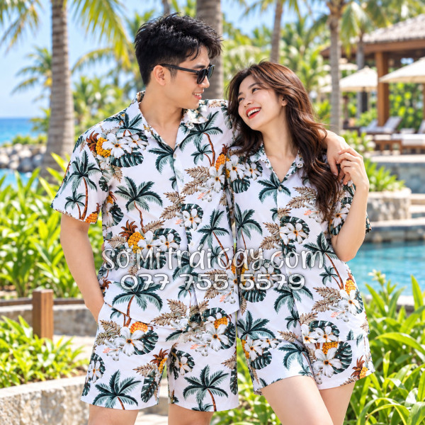 Bộ Áo Sơ Mi Quần Short Trái Cây Thơm Dứa Cây Dừa Hoa Sứ Trắng