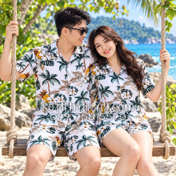 Bộ Áo Sơ Mi Quần Short Trái Cây Thơm Dứa Cây Dừa Hoa Sứ Trắng