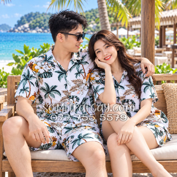 Bộ Áo Sơ Mi Quần Short Trái Cây Thơm Dứa Cây Dừa Hoa Sứ Trắng