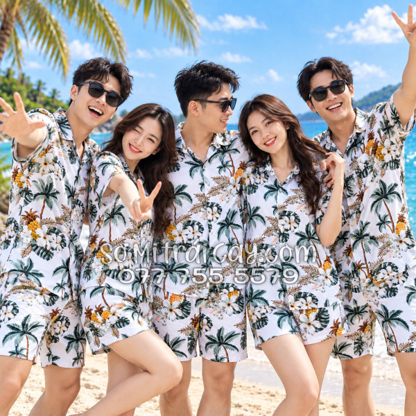 Bộ Áo Sơ Mi Quần Short Trái Cây Thơm Dứa Cây Dừa Hoa Sứ Trắng