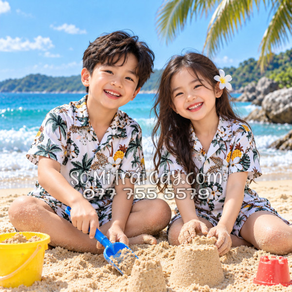 Bộ Áo Sơ Mi Quần Short Trái Cây Thơm Dứa Cây Dừa Hoa Sứ Trắng