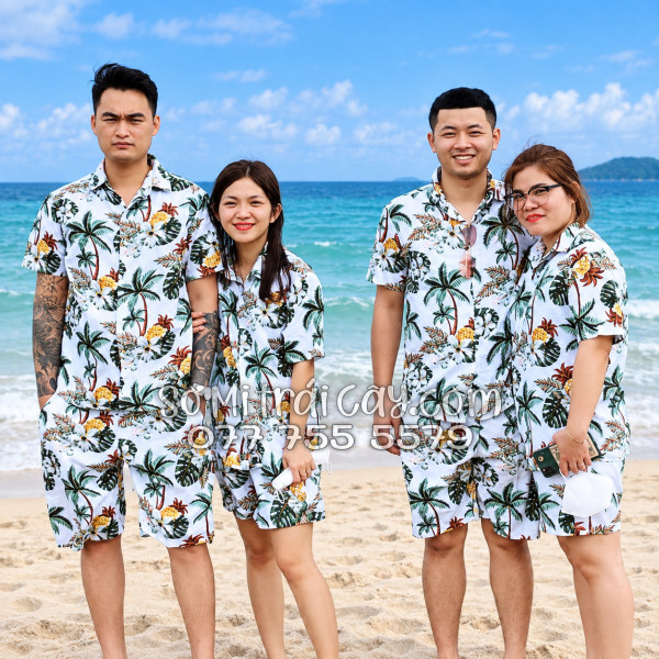 Bộ Áo Sơ Mi Quần Short Trái Cây Thơm Dứa Cây Dừa Hoa Sứ Trắng