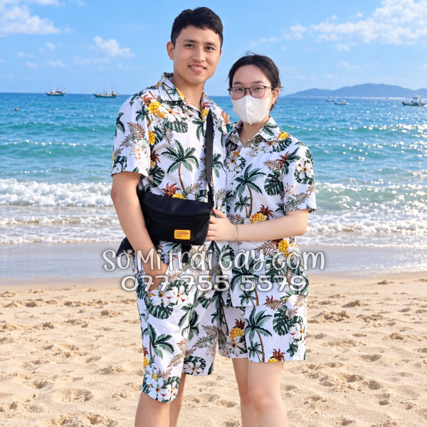 Bộ Áo Sơ Mi Quần Short Trái Cây Thơm Dứa Cây Dừa Hoa Sứ Trắng