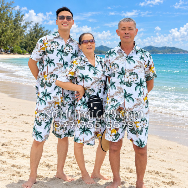 Bộ Áo Sơ Mi Quần Short Trái Cây Thơm Dứa Cây Dừa Hoa Sứ Trắng