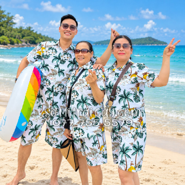 Bộ Áo Sơ Mi Quần Short Trái Cây Thơm Dứa Cây Dừa Hoa Sứ Trắng