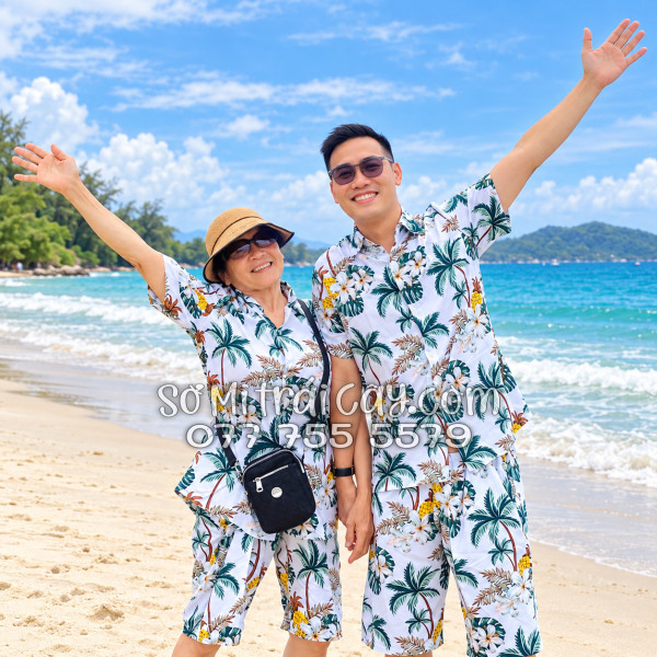 Bộ Áo Sơ Mi Quần Short Trái Cây Thơm Dứa Cây Dừa Hoa Sứ Trắng