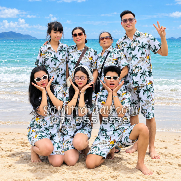 Bộ Áo Sơ Mi Quần Short Trái Cây Thơm Dứa Cây Dừa Hoa Sứ Trắng