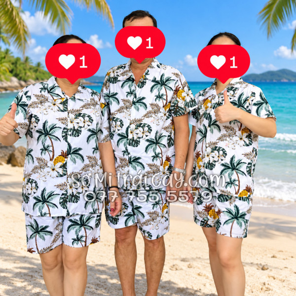 Bộ Áo Sơ Mi Quần Short Trái Cây Thơm Dứa Cây Dừa Hoa Sứ Trắng