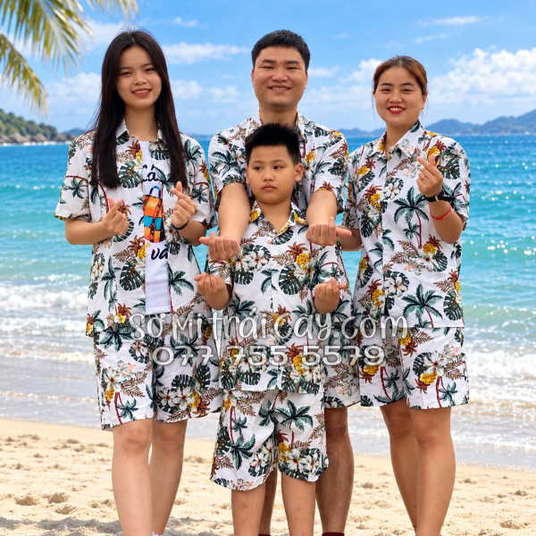 Bộ Áo Sơ Mi Quần Short Trái Cây Thơm Dứa Cây Dừa Hoa Sứ Trắng