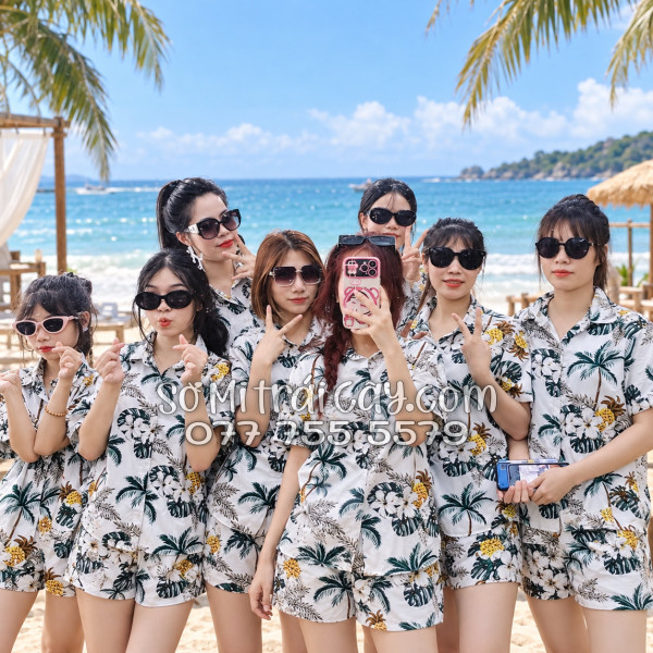 Bộ Áo Sơ Mi Quần Short Trái Cây Thơm Dứa Cây Dừa Hoa Sứ Trắng